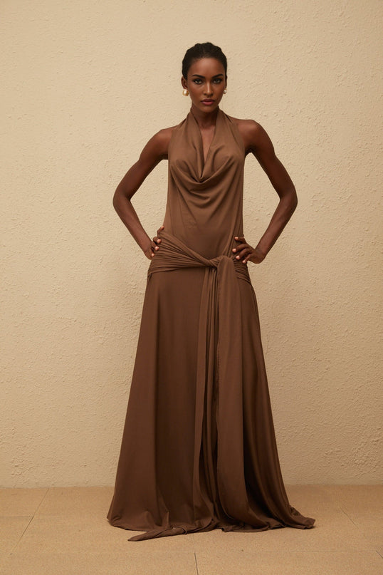 Kaitlin Maxi Dress in Luxurious Brown Halterneck Twist Open Back Shirred Effect Sleeveless Masterpiece