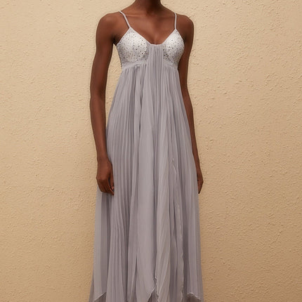 Kaitlin Maxi Dress in Grey with Rhinestone Embellishments and Mesh Paneling
