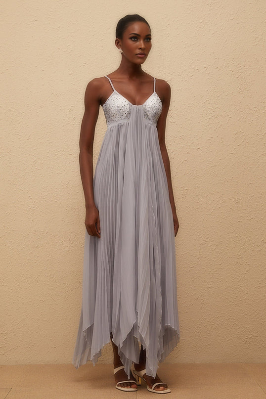 Kaitlin Maxi Dress in Grey with Rhinestone Embellishments and Mesh Paneling