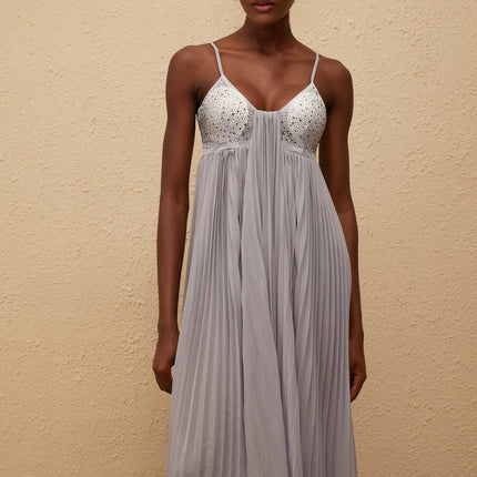 Kaitlin Maxi Dress in Grey with Rhinestone Embellishments and Mesh Paneling