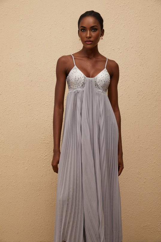 Kaitlin Maxi Dress in Grey with Rhinestone Embellishments and Mesh Paneling