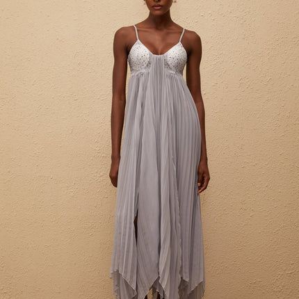 Kaitlin Maxi Dress in Grey with Rhinestone Embellishments and Mesh Paneling