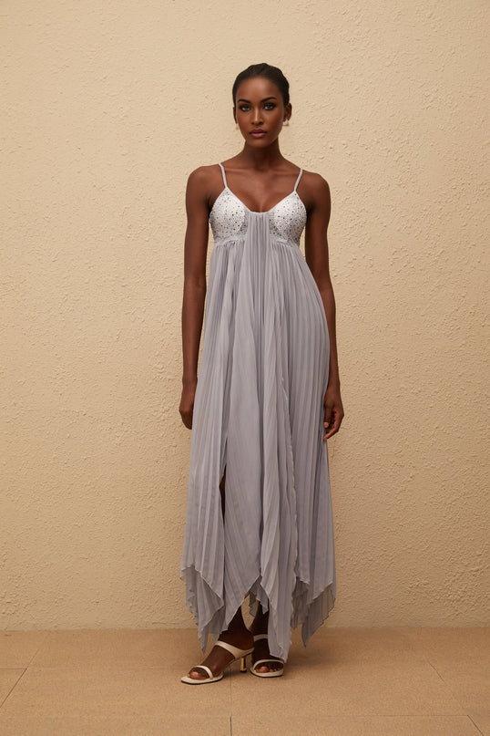 Kaitlin Maxi Dress in Grey with Rhinestone Embellishments and Mesh Paneling