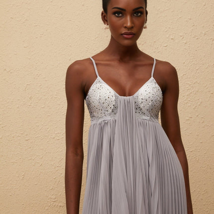 Kaitlin Maxi Dress Grey Rhinestone Embellished V-Neck Sleeveless Mesh Paneling Front Slit Asymmetrical Hem Adjustable Spaghetti Straps Terylene Fiber