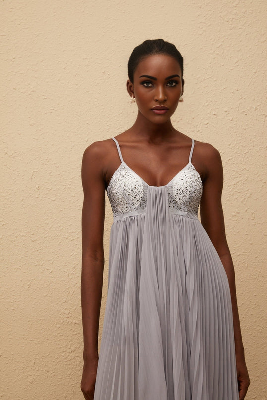 Kaitlin Maxi Dress Grey Rhinestone Embellished V-Neck Sleeveless Mesh Paneling Front Slit Asymmetrical Hem Adjustable Spaghetti Straps Terylene Fiber