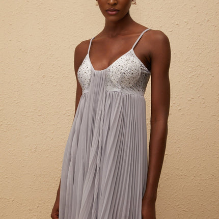 Kaitlin Maxi Dress in Grey with Rhinestone Embellishments and Mesh Paneling