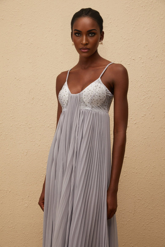 Kaitlin Maxi Dress in Grey with Rhinestone Embellishments and Mesh Paneling