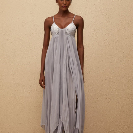 Kaitlin Maxi Dress in Grey with Rhinestone Embellishments and Mesh Paneling