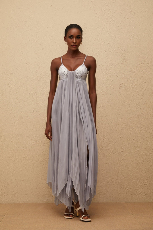 Kaitlin Maxi Dress in Grey with Rhinestone Embellishments and Mesh Paneling