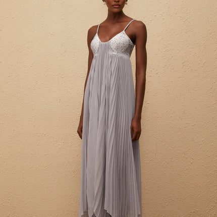 Kaitlin Maxi Dress in Grey with Rhinestone Embellishments and Mesh Paneling