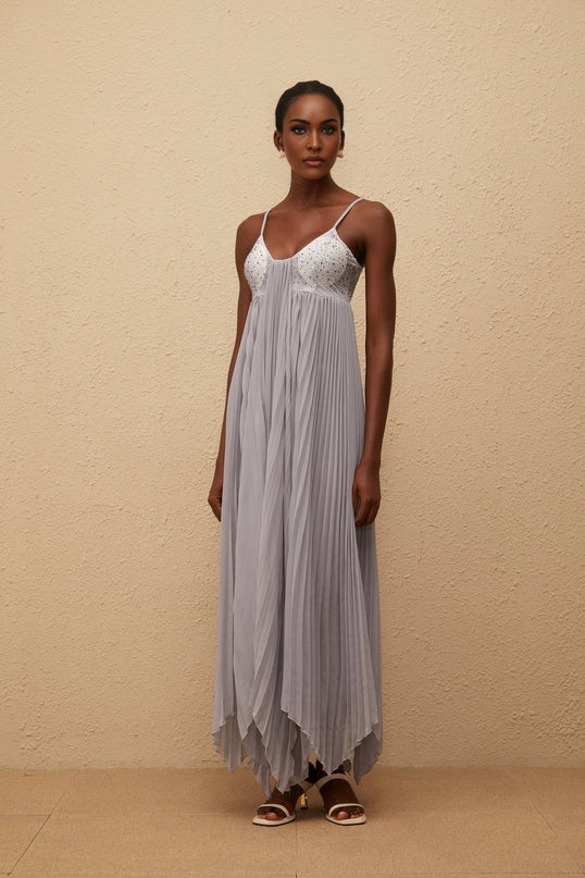 Kaitlin Maxi Dress in Grey with Rhinestone Embellishments and Mesh Paneling