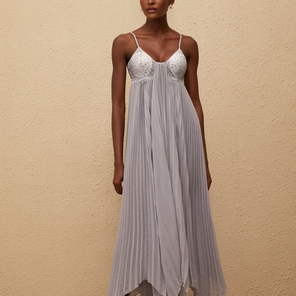 Kaitlin Maxi Dress in Grey with Rhinestone Embellishments and Mesh Paneling