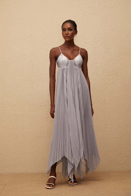 Kaitlin Maxi Dress in Grey with Rhinestone Embellishments and Mesh Paneling