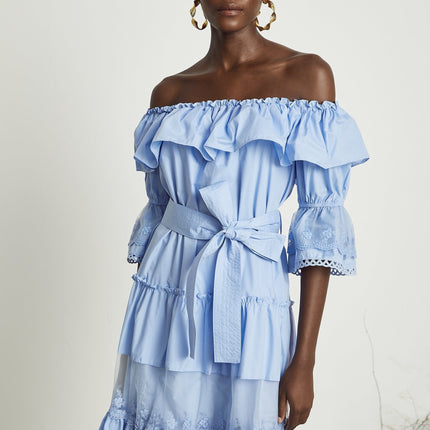 Kaitlyn Blue Midi Dress with Bow-Tie Belt and Lace Trim