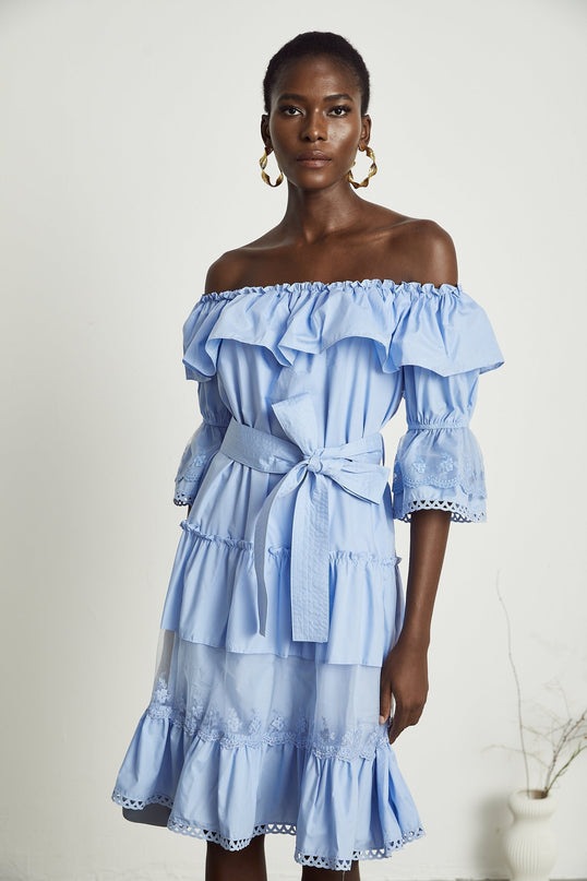 Kaitlyn Blue Midi Dress with Bow-Tie Belt and Lace Trim