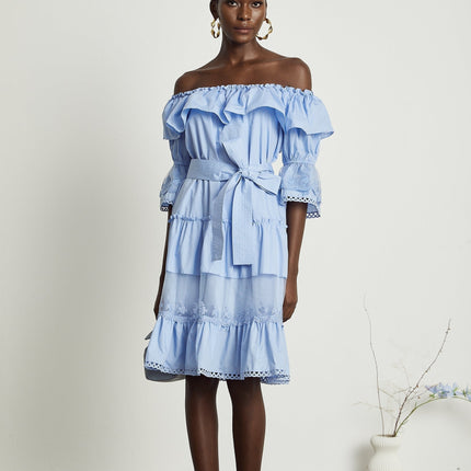 Kaitlyn Blue Midi Dress with Bow-Tie Belt and Lace Trim