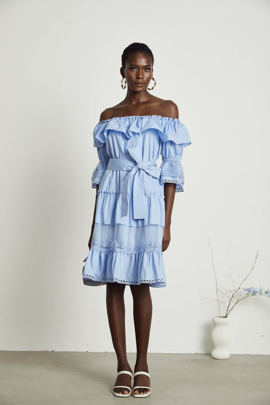 Kaitlyn Blue Midi Dress with Bow-Tie Belt and Lace Trim