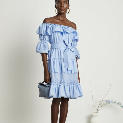 Kaitlyn Blue Midi Dress with Bow-Tie Belt and Lace Trim