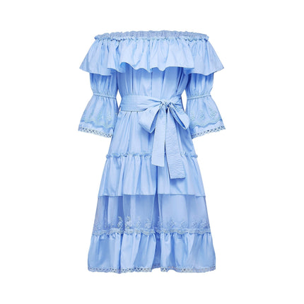 Kaitlyn Blue Midi Dress with Bow-tie Belt and Lace Trim
