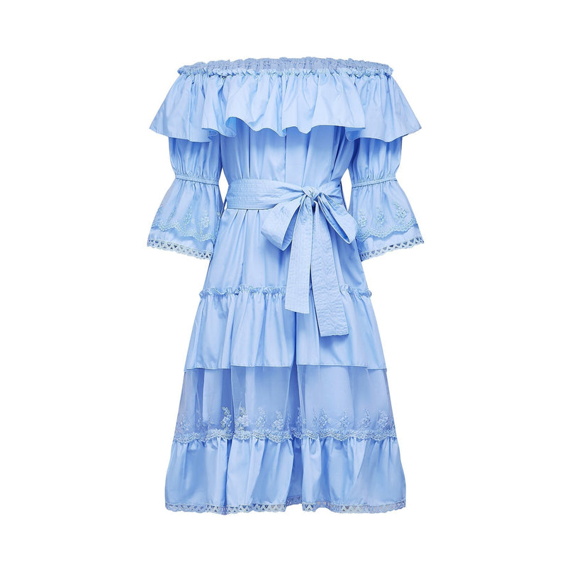 Kaitlyn Blue Midi Dress with Bow-tie Belt and Lace Trim