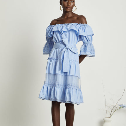 Kaitlyn Blue Midi Dress with Bow-Tie Belt and Lace Trim
