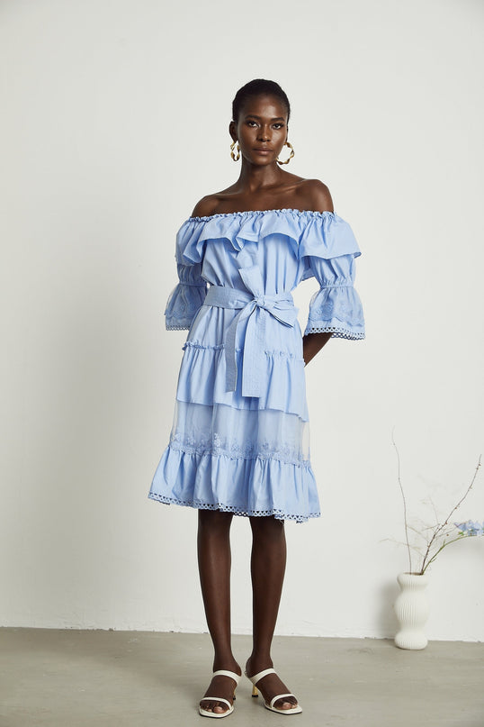 Kaitlyn Blue Midi Dress with Bow-Tie Belt and Lace Trim