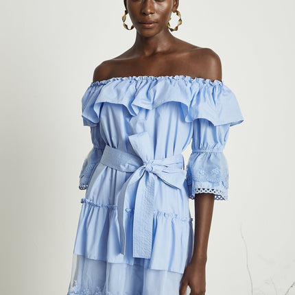 Kaitlyn Blue Midi Dress with Bow-Tie Belt and Lace Trim