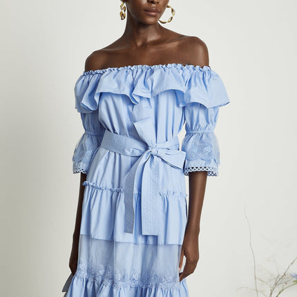 Kaitlyn Blue Midi Dress with Bow-Tie Belt and Lace Trim