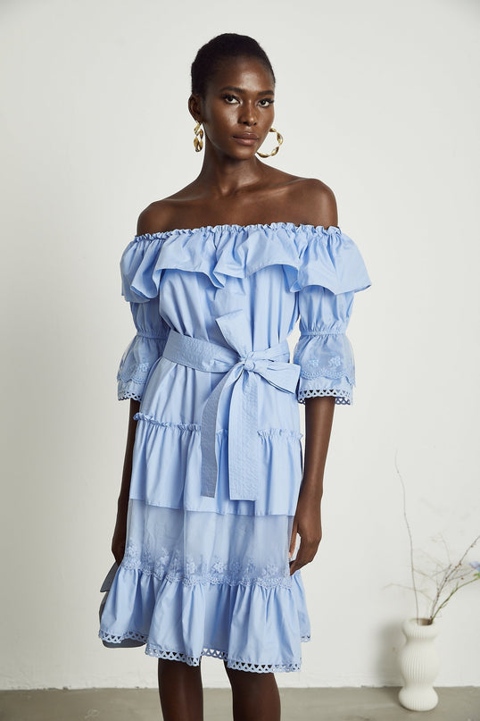 Kaitlyn Blue Midi Dress with Bow-Tie Belt and Lace Trim