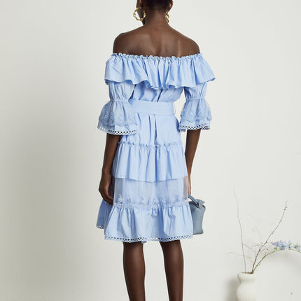 Kaitlyn Blue Midi Dress with Bow-Tie Belt and Lace Trim