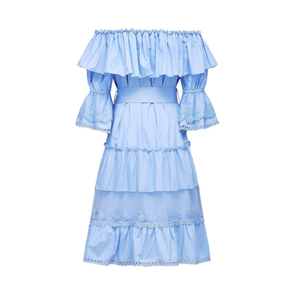 Kaitlyn Blue Midi Dress with Bow-Tie Belt and Lace Trim