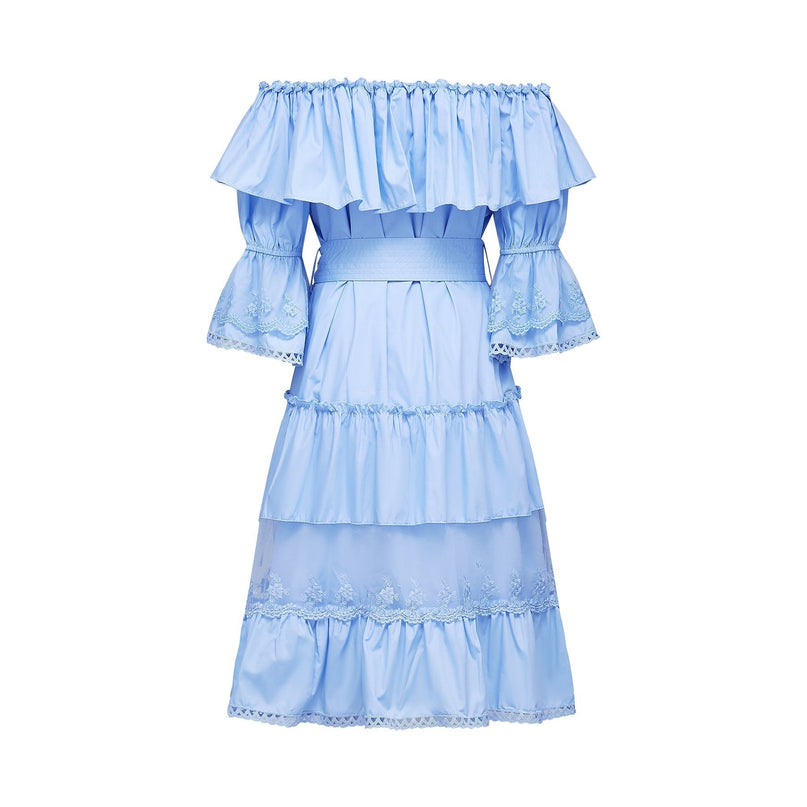Kaitlyn Blue Midi Dress with Bow-Tie Belt and Lace Trim