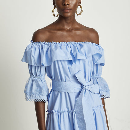Kaitlyn Blue Midi Dress with Bow-Tie Belt and Lace Trim