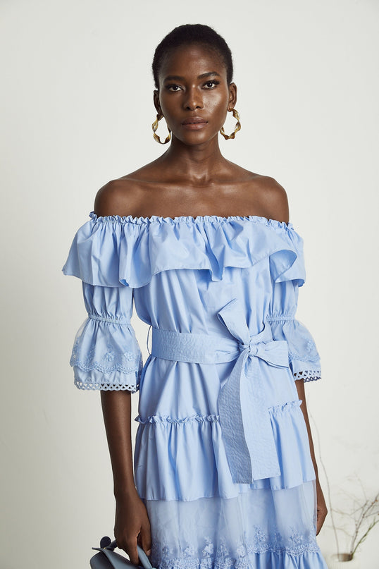 Kaitlyn Blue Midi Dress with Bow-Tie Belt and Lace Trim