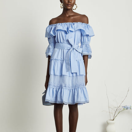 Kaitlyn Blue Midi Dress with Bow-Tie Belt and Lace Trim