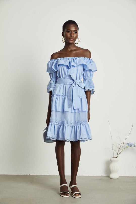 Kaitlyn Blue Midi Dress with Bow-Tie Belt and Lace Trim