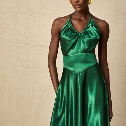 Kaitlyn Emerald Green Midi Dress with V-neck and open back