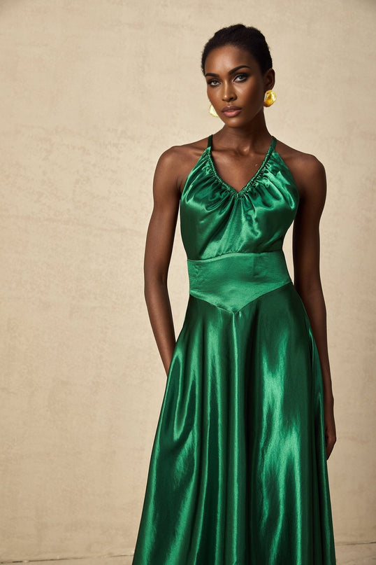 Kaitlyn Emerald Green Midi Dress with V-neck and open back