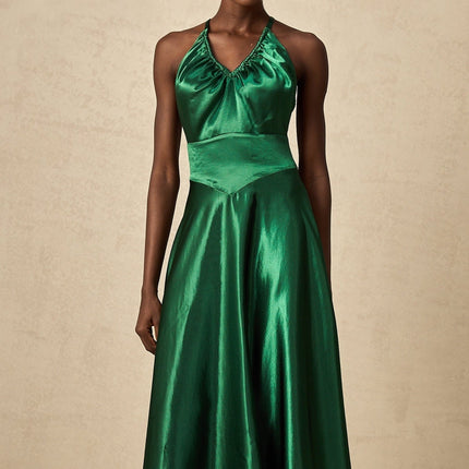 Kaitlyn Midi Dress in Emerald Green with V-Neck and Open Back Pleated Detailing