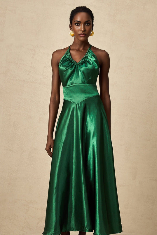 Kaitlyn Midi Dress in Emerald Green with V-Neck and Open Back Pleated Detailing