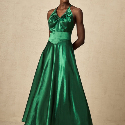 Kaitlyn Midi Dress in Emerald Green Sleeveless V-neck Open Back Pleated Detailing Spaghetti Straps Rear Zip Fastening