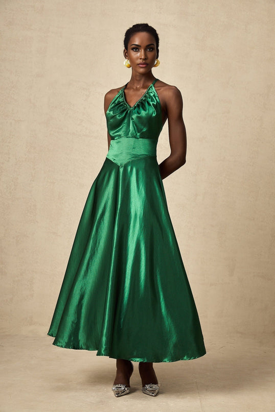 Kaitlyn Midi Dress in Emerald Green Sleeveless V-neck Open Back Pleated Detailing Spaghetti Straps Rear Zip Fastening