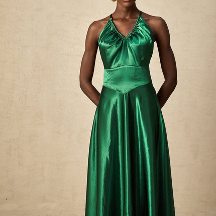 Kaitlyn Midi Dress in Emerald Green with V-Neck and Open Back