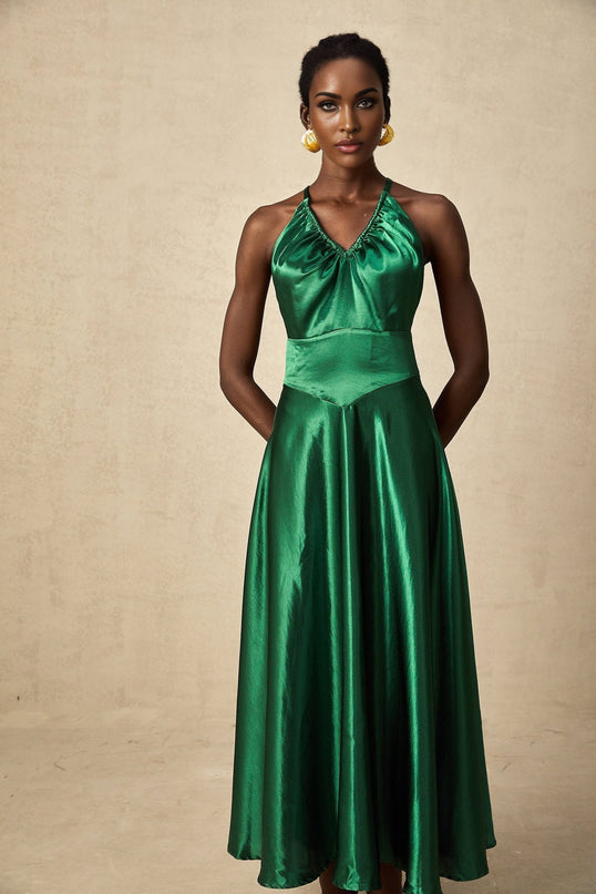 Kaitlyn Midi Dress in Emerald Green with V-Neck and Open Back