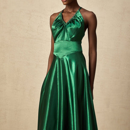Kaitlyn Midi Dress in Emerald Green Sleeveless V-Neck Open Back Pleated Detailing Satin Straps Rear Zip Fastening