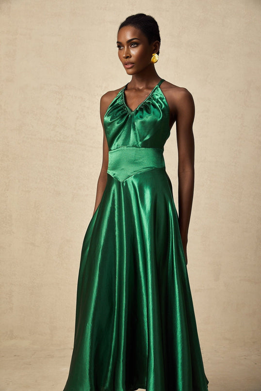 Kaitlyn Midi Dress in Emerald Green Sleeveless V-Neck Open Back Pleated Detailing Satin Straps Rear Zip Fastening