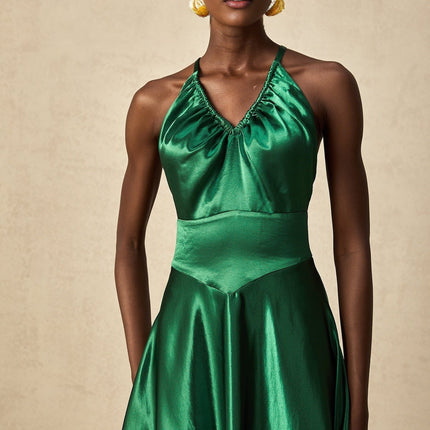 Kaitlyn Midi Dress in Emerald Green Sleeveless V-neck Open Back Pleated Detailing Spaghetti Straps Rear Zip Fastening