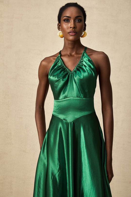 Kaitlyn Midi Dress in Emerald Green Sleeveless V-neck Open Back Pleated Detailing Spaghetti Straps Rear Zip Fastening