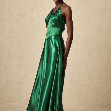 Kaitlyn Midi Dress in Emerald Green with Open Back and Pleated Detailing