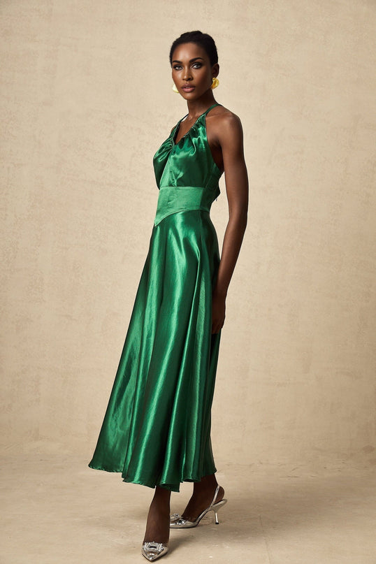 Kaitlyn Midi Dress in Emerald Green with Open Back and Pleated Detailing